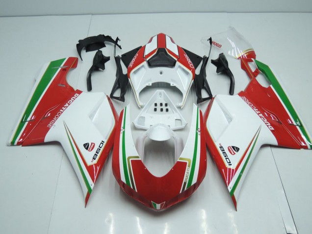 Carenado Ducati 848 1098 1198 2007-2014 - Blanco & Rojo con Verde Raya Carenado Ducati 848 1098 1198 2007-2014 - Blanco & Rojo con Verde Raya