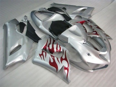 Carenado Kawasaki ZX6R 2005-2006 - Plata Rojo Llamas