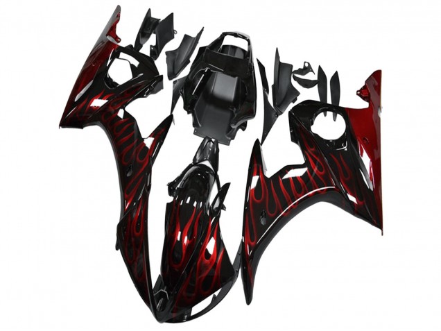 Carenado Moto Yamaha YZF R6 2003-2004 - Negro Brillante Rojo Llama
