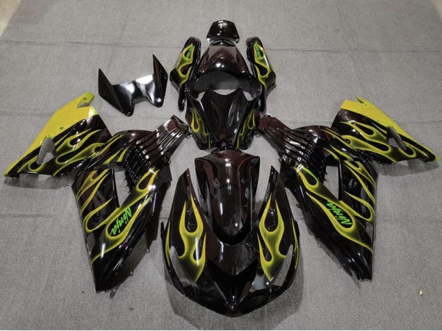 Carenados Moto Kawasaki ZX14R 2006-2011 - Negro Brillante Amarillo Llama