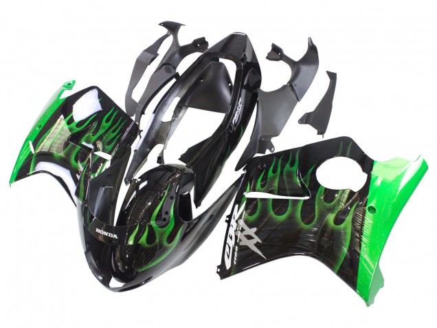 Carenado Moto Honda CBR1100XX Blackbird 1996-2007 - Negro Brillante Verde Llama