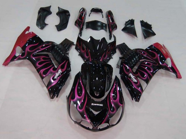 Carenados Moto Kawasaki ZX14R ZZR1400 2006-2011 - Negro Brillante Rojo Rosa Llama