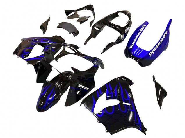 Carenados Moto Kawasaki ZX9R 2000-2001 - Negro Brillante Azul Llama Blanco