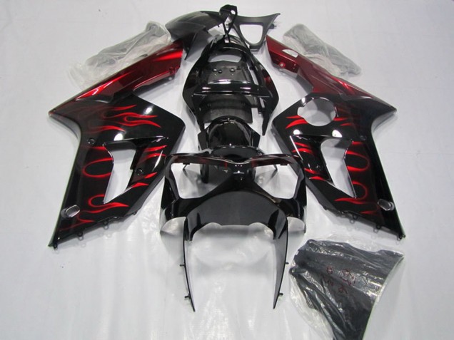 Carenado Moto Kawasaki ZX6R 2003-2004 - Negro Brillante Rojo Llama
