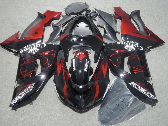 Carenados Moto Kawasaki ZX10R 2006-2007 - Negro Brillante Rojo Llama Alstare Corona Extra